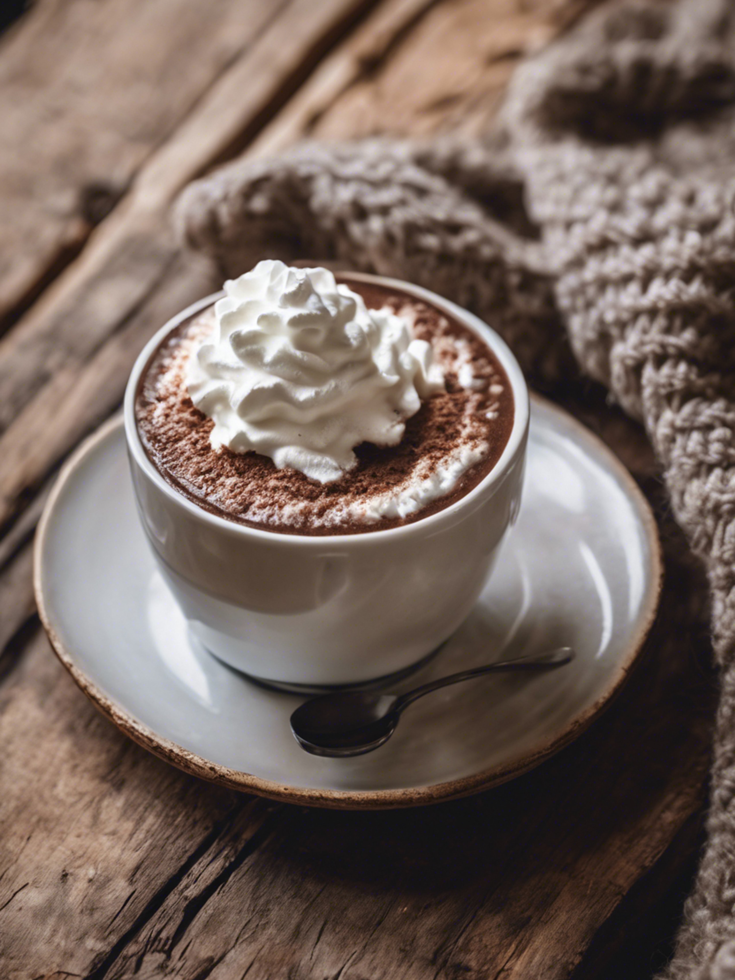 A porcelain cup of steaming hot chocolate topped with whipped cream, next to a crochet coaster on a rough wooden table. Tapeta[f8ececc79cde48c88690]