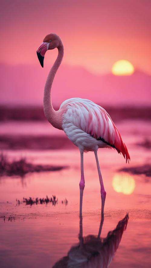 A gold-crowned flamingo standing in a pink pond under the dawn sky.