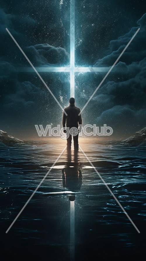 איש עומד ליד צלב השתקפות אור במים