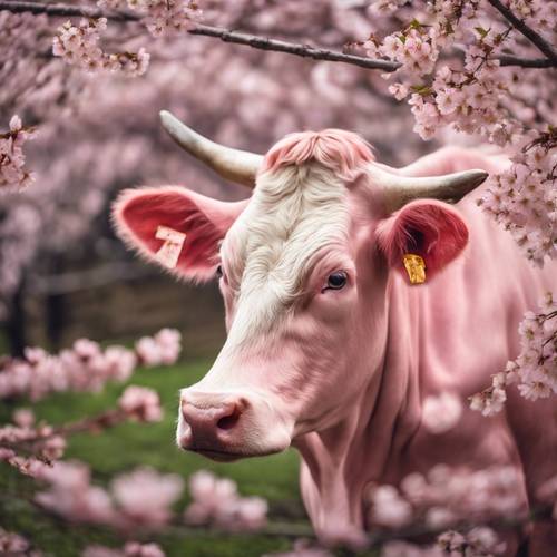 一頭粉紅色的牛在櫻花樹下悠閒地休息，令人賞心悅目。