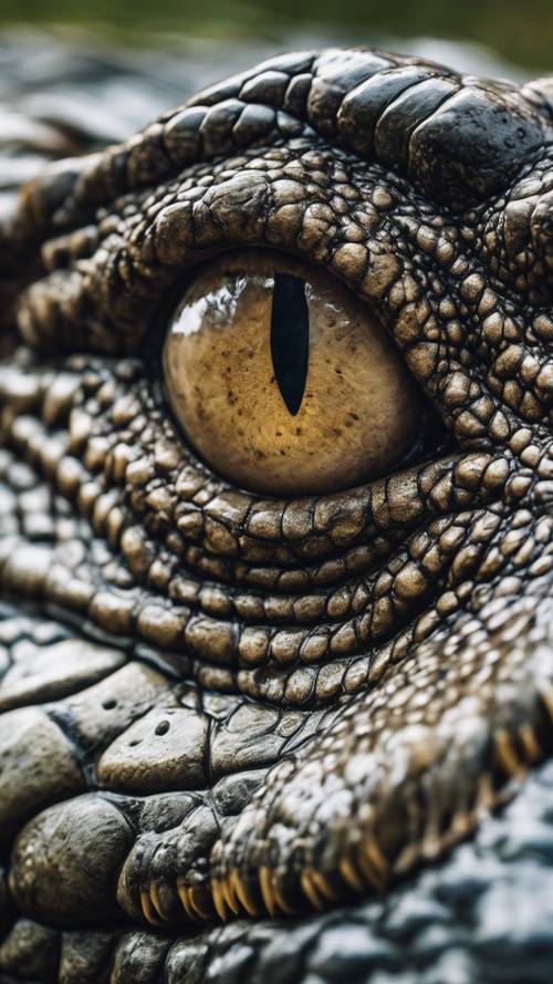这是鳄鱼眼睛的有力特写镜头，它全神贯注地盯着猎物。