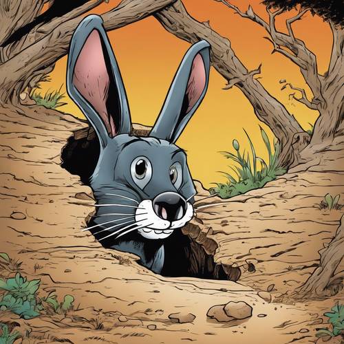 Una rappresentazione di un coniglio nero dei cartoni animati che scava frettolosamente una buca mentre una volpe giocosa si avvicina.