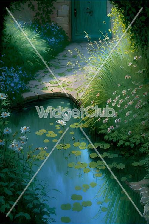 Очаровательная сцена с садовым прудом