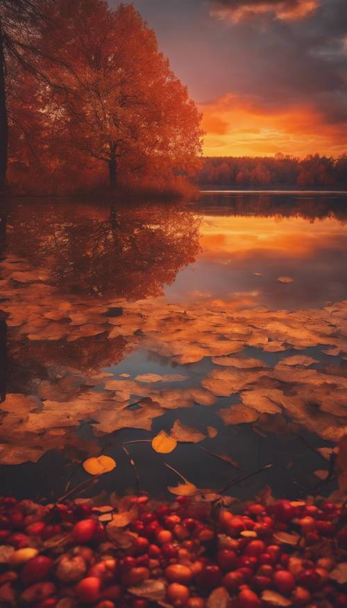 A dreamy autumn sunset over a tranquil lake, reflecting vivid hues of orange, gold, and crimson.