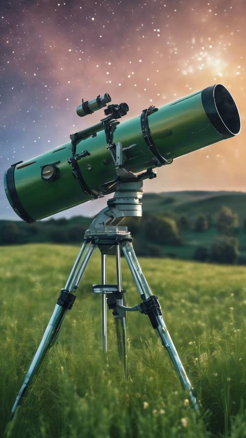 Ein großes Teleskop auf einer grünen Wiese, gerichtet auf einen sternenklaren Nachthimmel mit Sternschnuppen.