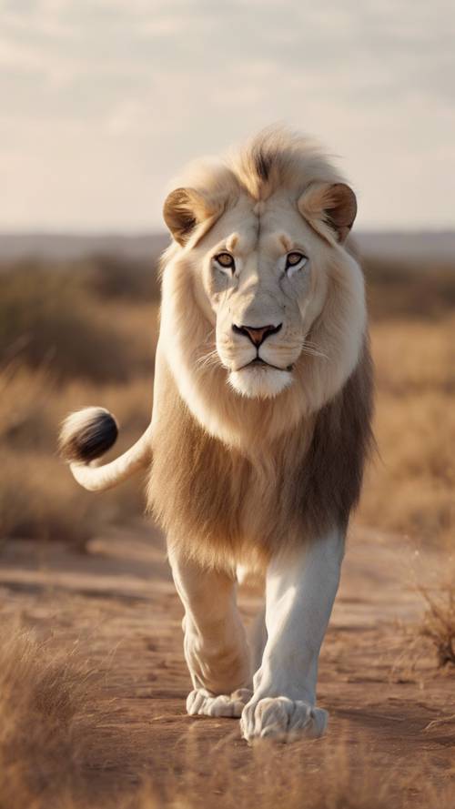 Güzel bir beyaz aslan, eşsiz rengiyle Afrika savanasında altın rengi batan güneşin altında yürürken dikkat çekiyor.