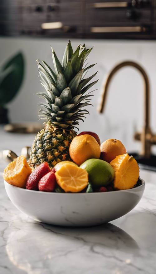 Close up view of a tropical fruit bowl placed on a sleek, modern kitchen countertop.