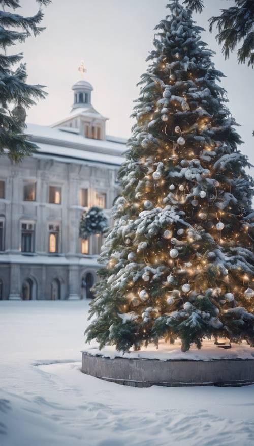 Un collège chrétien pittoresque dans un paysage enneigé, avec un gigantesque sapin de Noël dans la cour.