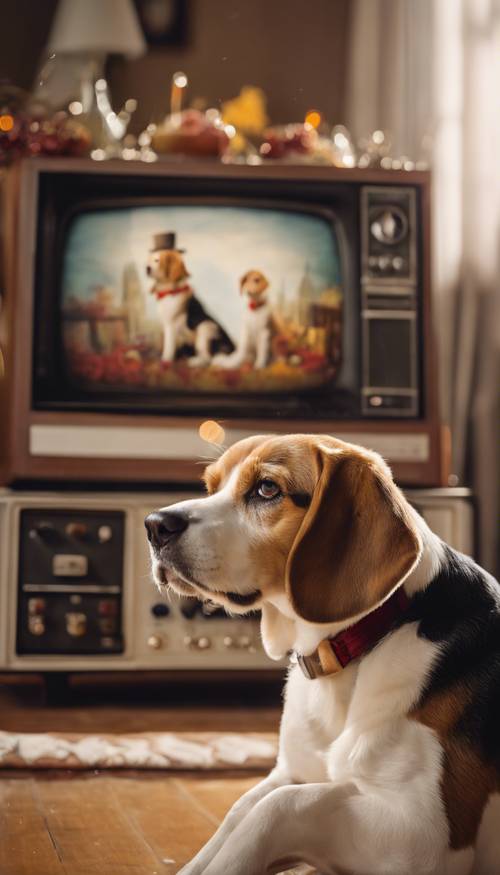 A cute beagle watching a Thanksgiving parade on a vintage television set.