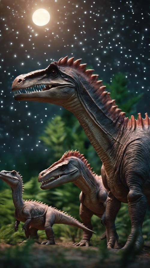 Bir Anne Spinosaurus ve bebekleri, parıldayan yıldızların altındaki bir orman açıklığında birbirine sarılıyor.