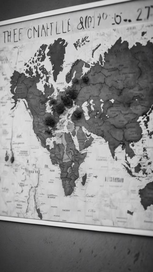 A grayscale world map pinned on an office corkboard.