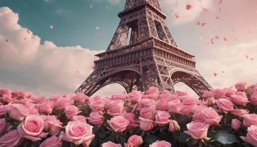 An Eiffel Tower made entirely of pink roses and flowers in a fantasy setting.