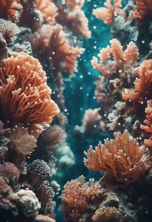 Suatu komposisi bawah air yang menampilkan beragam bentuk karang, membentuk pola yang kompleks. Wallpaper [1dda7054019f4026a5d9]