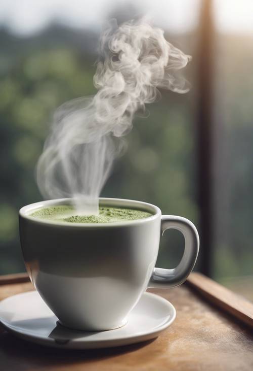 Perfectly prepared light gray Matcha tea in a ceramic cup, with steam floating upwards.