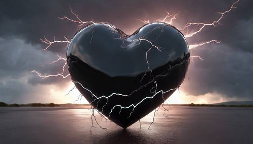 A glossy black 3D heart contrasted with a dramatic streak of lightning across a stormy sky. Валлпапер [9f2e315861e44601abf1]