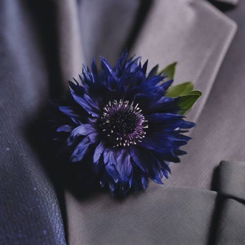 午夜蓝色西装上，精美排列的黑色矢车菊胸花。