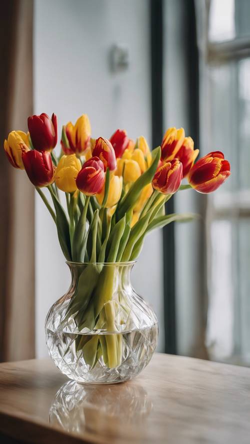一束新鮮的紅色和黃色鬱金香放在晶瑩剔透的花瓶裡。