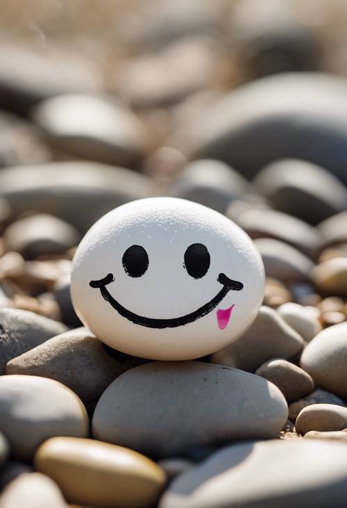 一塊快樂的小鵝卵石，上面畫著一個笑臉。