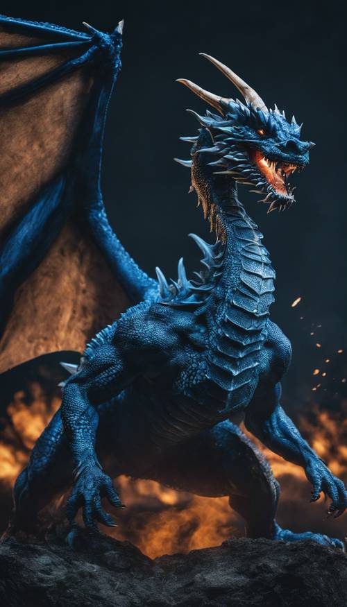 Un dragón azul musculoso que escupe fuego contra un cielo nocturno completamente oscuro.