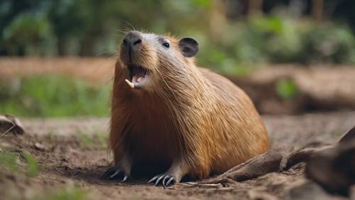 An expressive capybara, caught in the midst of a very human-like yawn.