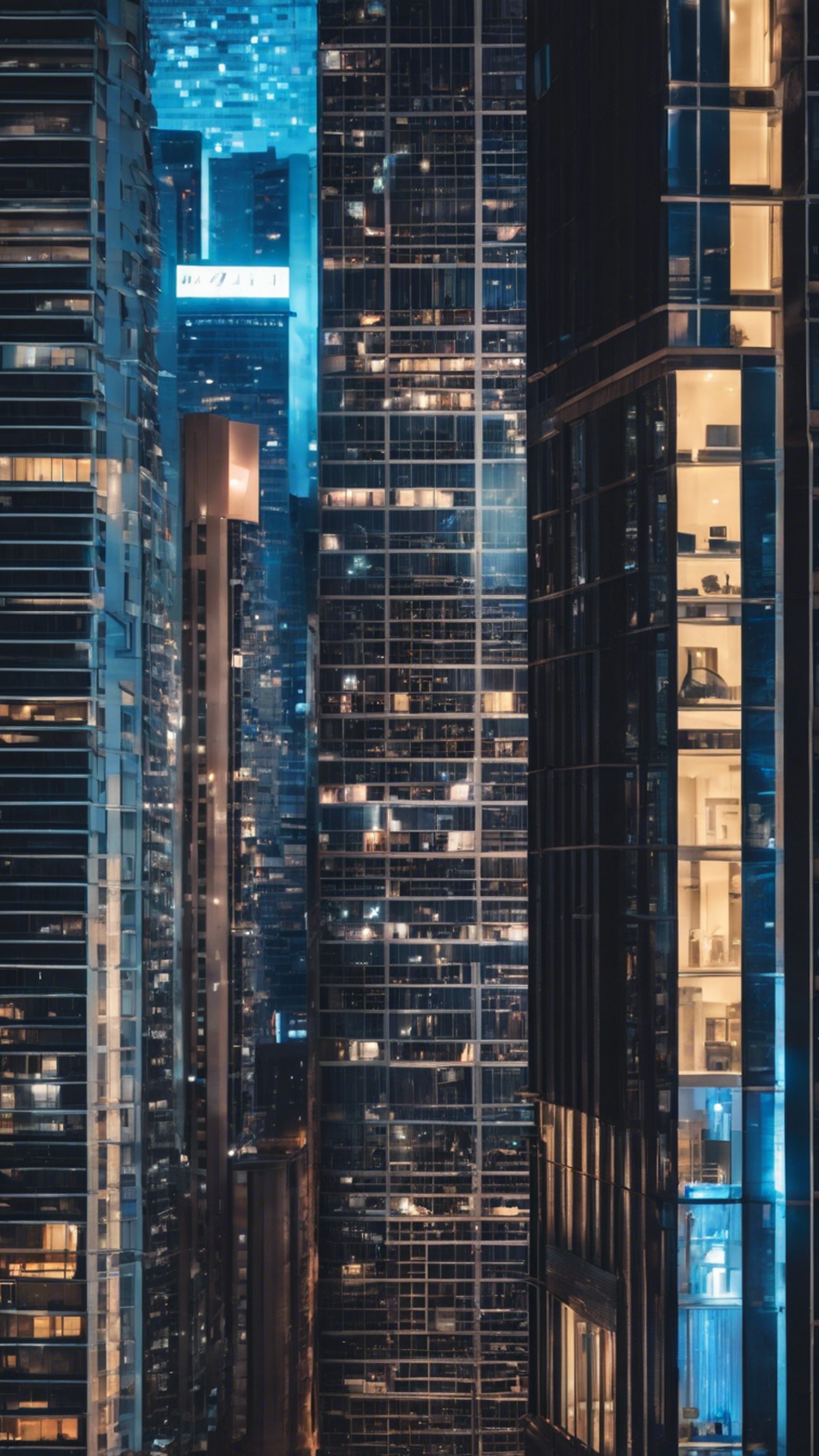 A modern cityscape at night lit by neon blue lights and composed of sleek, black high-rise buildings. Wallpaper[f71515a7cfe5462daf0e]