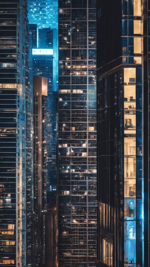 네온 블루 조명으로 빛나는 밤의 현대적인 도시 풍경과 매끄러운 검은색 고층 건물로 구성되어 있습니다.