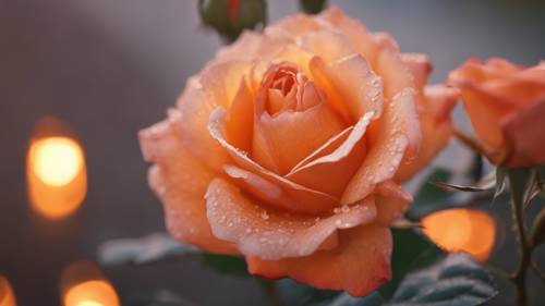 Una hermosa rosa anaranjada, cuyos pétalos brillan con la suave luz del sol poniente.