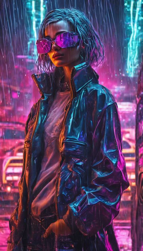 Une femme mystérieuse avec un œil cybernétique qui regarde d’un air menaçant à travers un verre trempé par la pluie dans un bar rétro-futur.