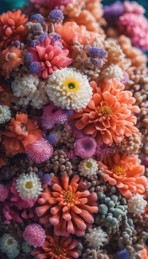A dazzling bouquet of exotic corals and anemones with colors as vibrant as mixed summer flowers.
