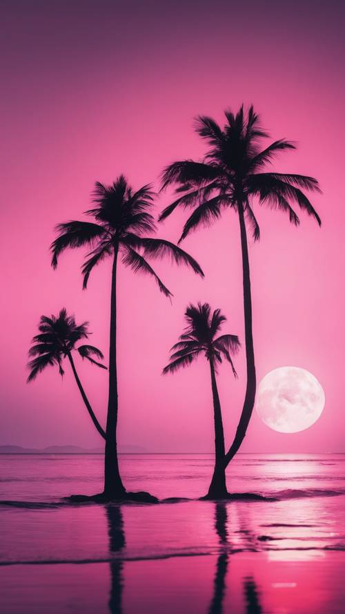 A pair of pink palm trees silhouette on a tropical seaside under the full moon.