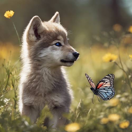 A curiously fascinated wolf cub encountering a playful butterfly for the first time in a spring field.