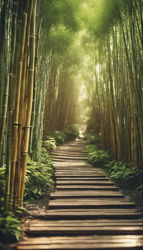 Eski bir film tarzındaki fotoğrafta görülen, antik bir Japon tapınağına giden bambu orman yolu.