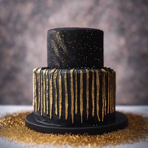 Un gâteau en velours noir décoré de délicates rayures dorées réalisées avec de la poussière d&#39;or comestible.