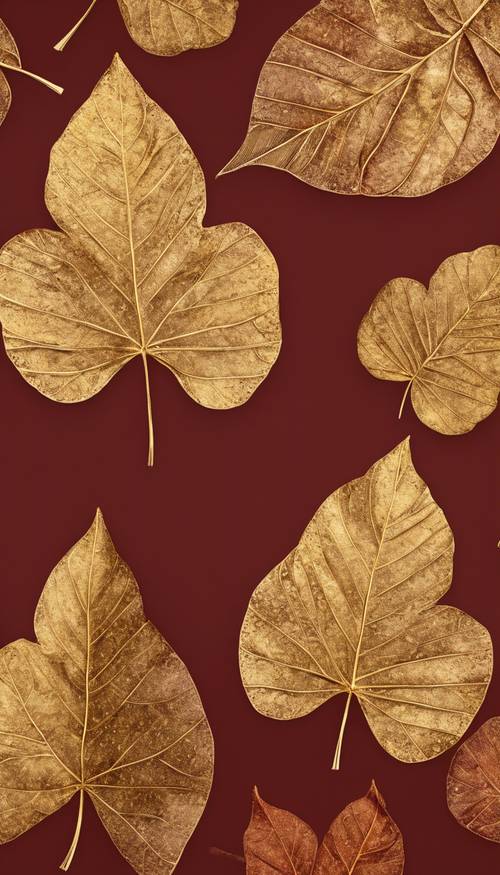 A symmetrical design featuring finely detailed golden leaves on a rich red background. Wallpaper [d8ef45b846e649e8b60d]