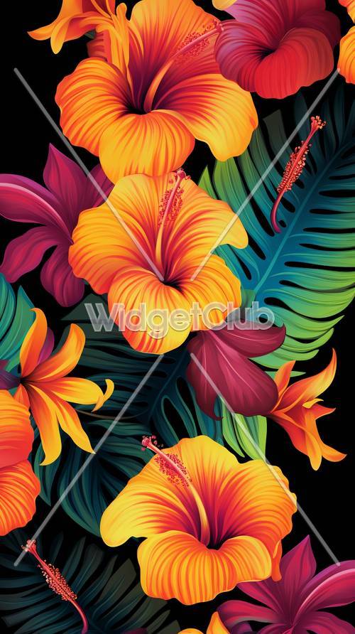 カラフルな熱帯の花と葉の柄の壁紙