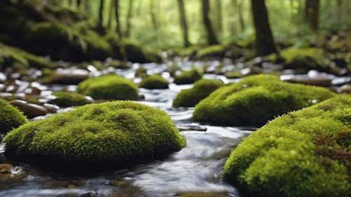 Moss-covered stones lining a crystal clear stream.