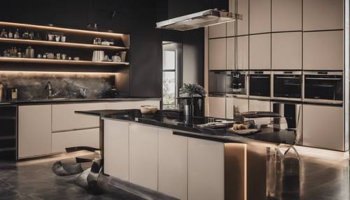 Design de cozinha moderno e elegante em sofisticados tons de preto e bege.