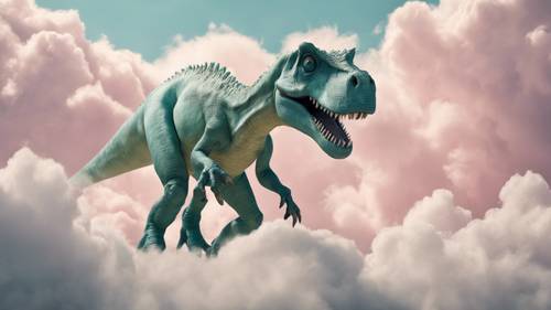 Pastelowy dinozaur żartobliwie wyglądający zza dużej chmury.