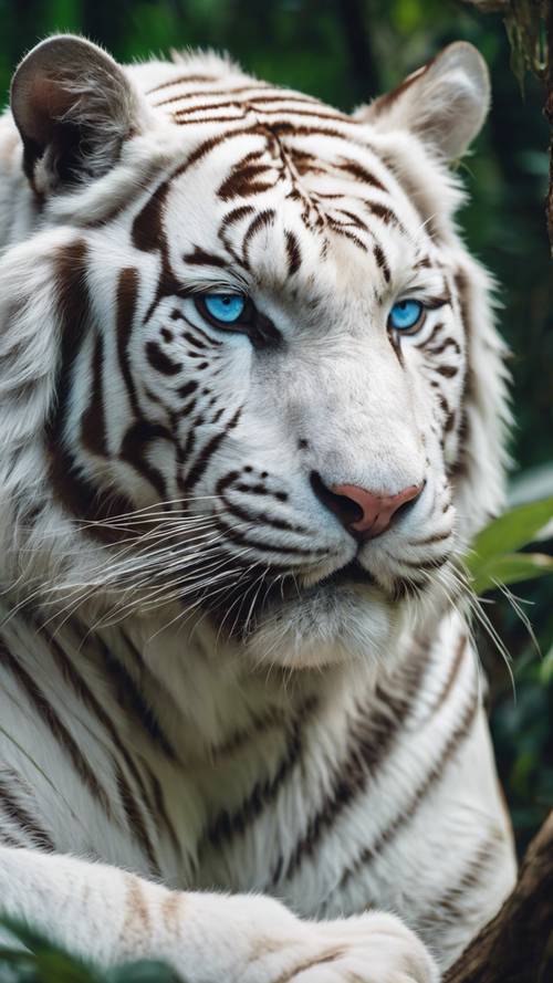 Nahaufnahme eines majestätischen weißen Tigers mit blauen Augen in einem dichten Dschungel bei Tag.