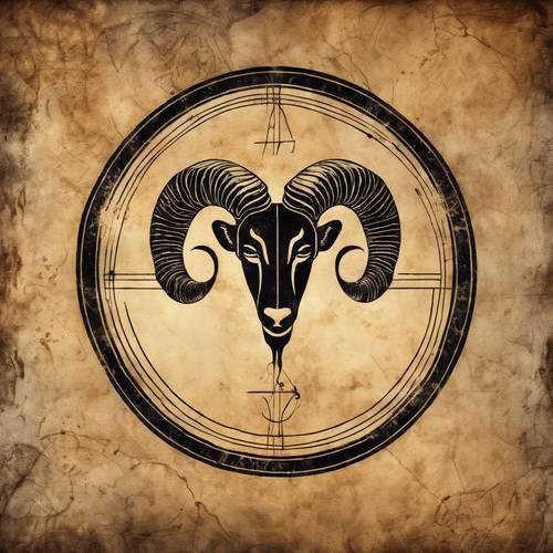 Aries symbol etched in black ink on aged parchment, illuminated by the soft glow of a candle. Tapetai [af61088876e744189a4a]