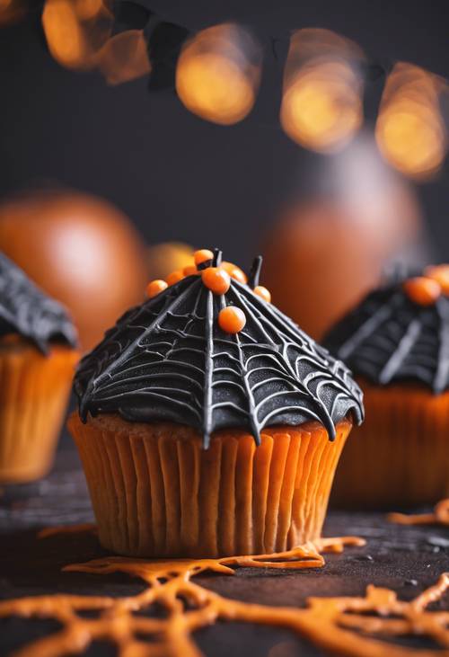 A halloween-themed orange cupcake with black spiderweb frosting design.
