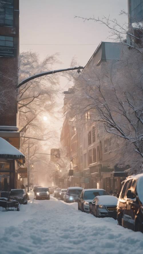 Ruas movimentadas da cidade cobertas de neve recém-caída ao amanhecer.