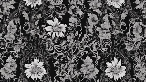 Carta da parati floreale nera in stile gotico con motivi intricati che avvolgono linee curvilinee e fiori stilizzati.
