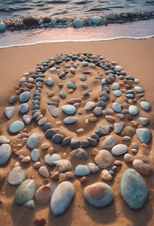 Eine Ansammlung erdfarbener Steine, die in der Abenddämmerung symmetrisch auf einem Sandstrand angeordnet sind.