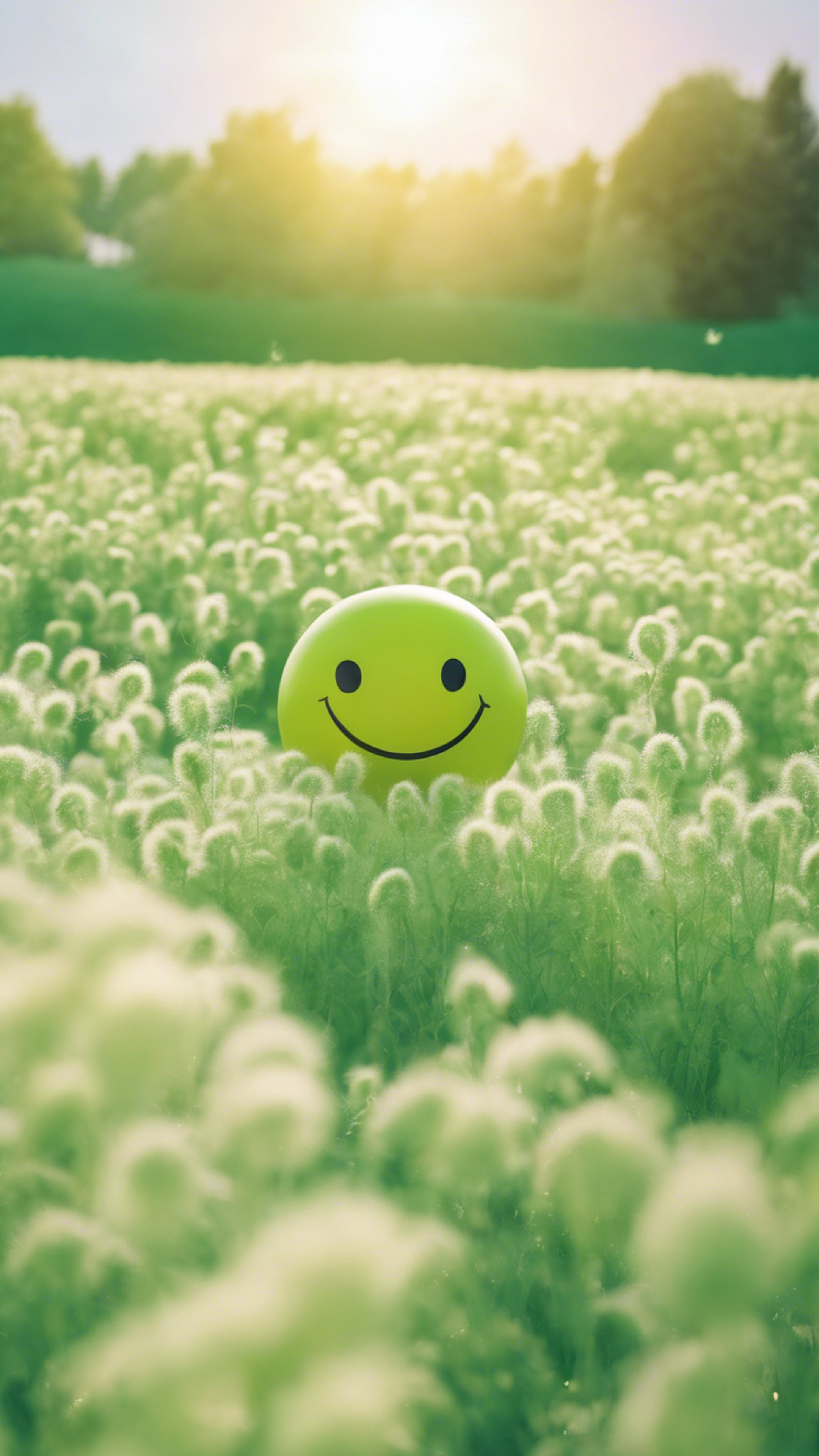A vibrant pastel green field with a kawaii sun smiling in the sunny sky.壁紙[212725bc8d384a26a26b]