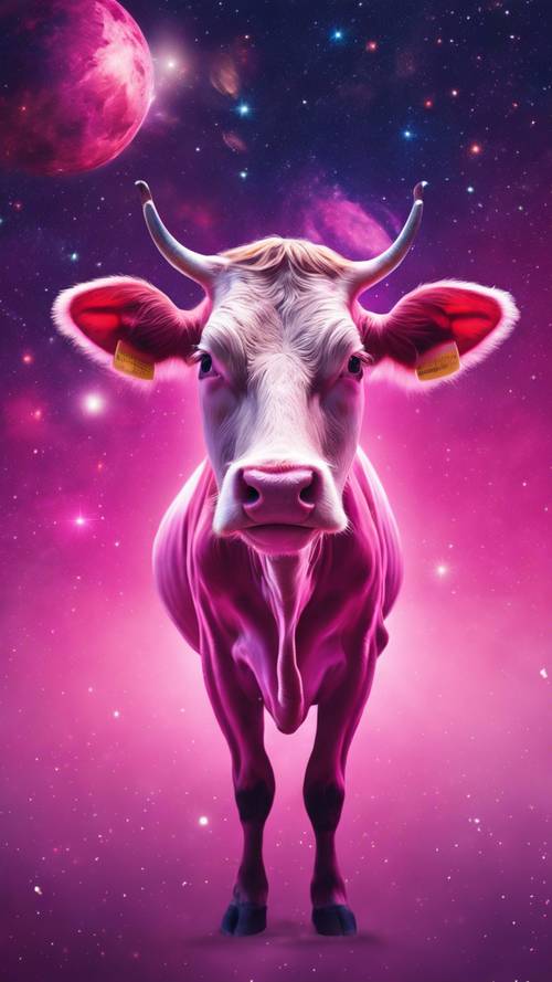 超現實主義的圖像是一頭粉紅色的牛，在霓虹燈星系的背景下印有宇宙圖案。