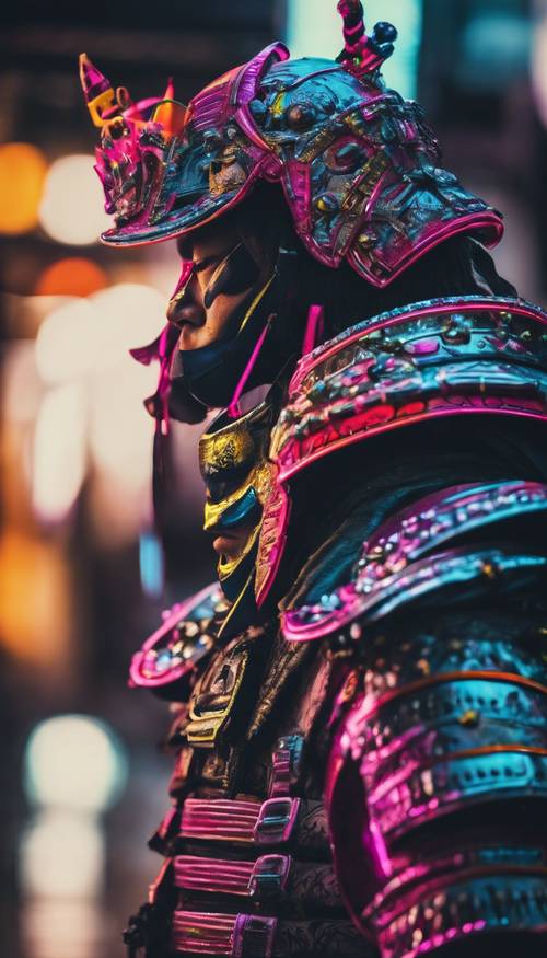 Abstract portrait of a samurai wearing neon armor.