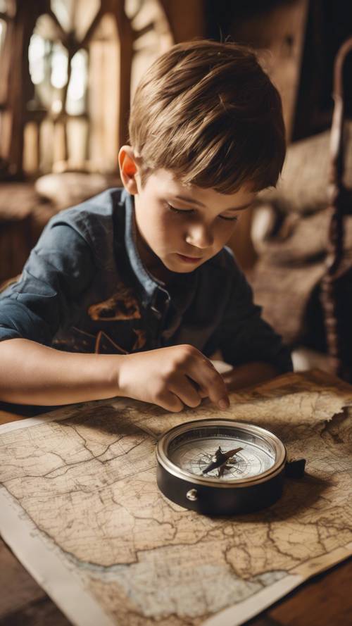 A cool young boy poring over a compass and map in an explorer themed room filled with wooden and vintage decor.