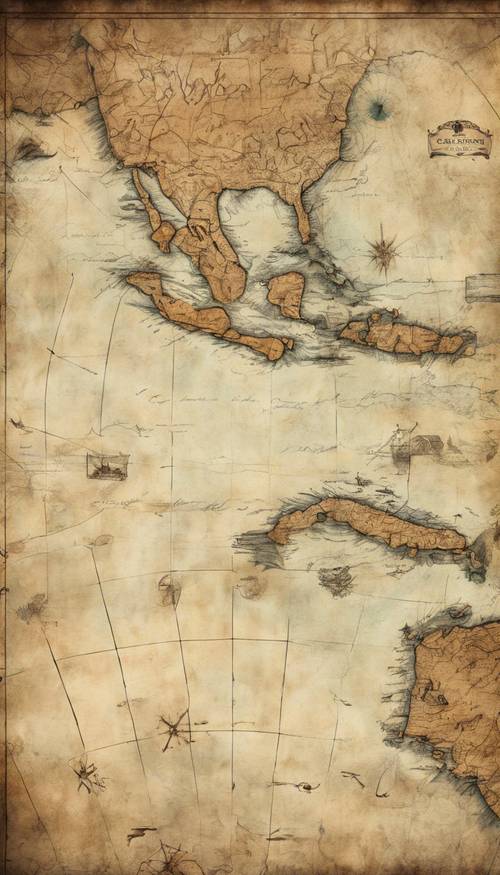 一幅古老的手绘加勒比海地图，标明了海上航线和港口，已因年代久远而褪色