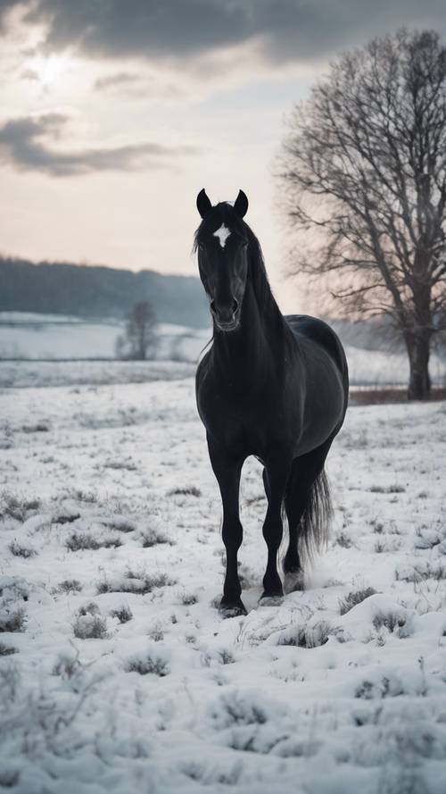 A majestic black horse in a snowy white field under a cloudy sky.